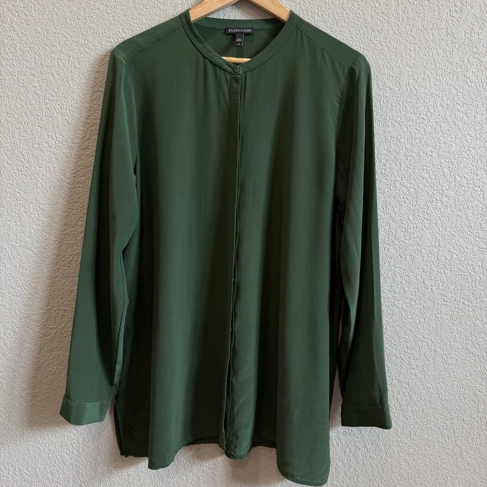 Eileen Fisher Silk Shirt Button Front Long Sleeve Emerald Green Relaxed Large